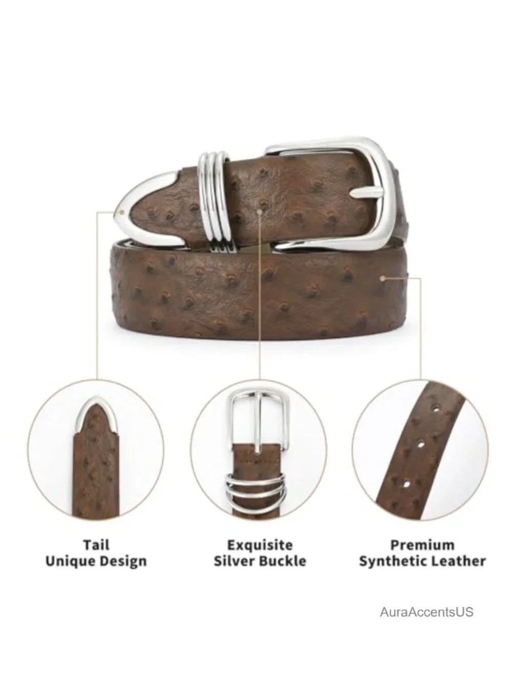 Women's Faux Leather Belt with Metal Buckle Ostrich Grain Style Waist Belt